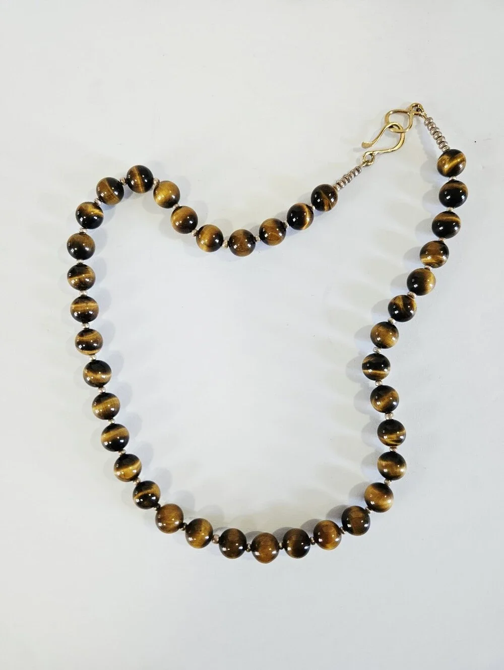 Vintage Tigers Eye Chatoyant Sterling Silver Clasp Long Round Beaded Necklace